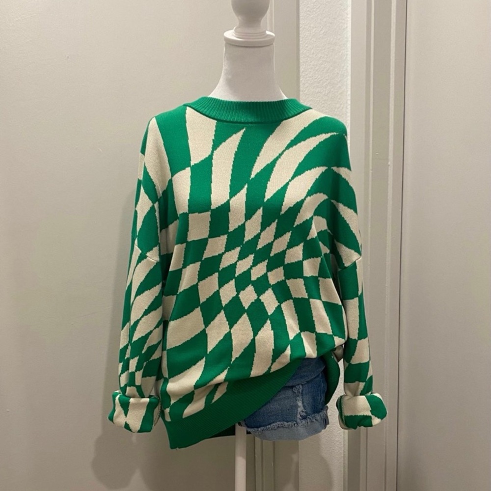 Edikted Green & White Checkered Print Morphy Oversized Sweater - XS/S